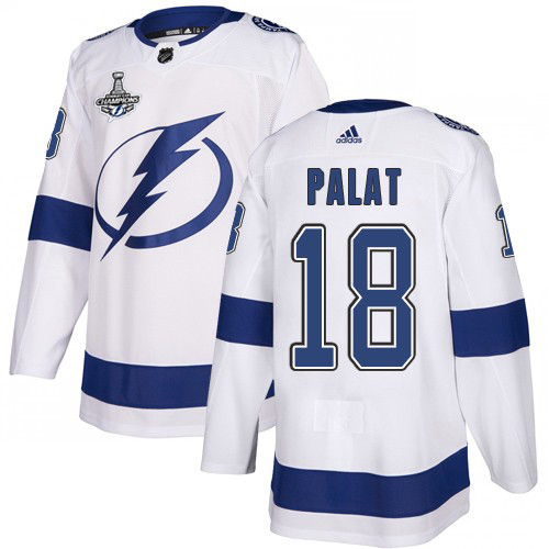 Men Adidas Tampa Bay Lightning #18 Ondrej Palat White Road Authentic 2020 Stanley Cup Champions Stitched NHL Jersey